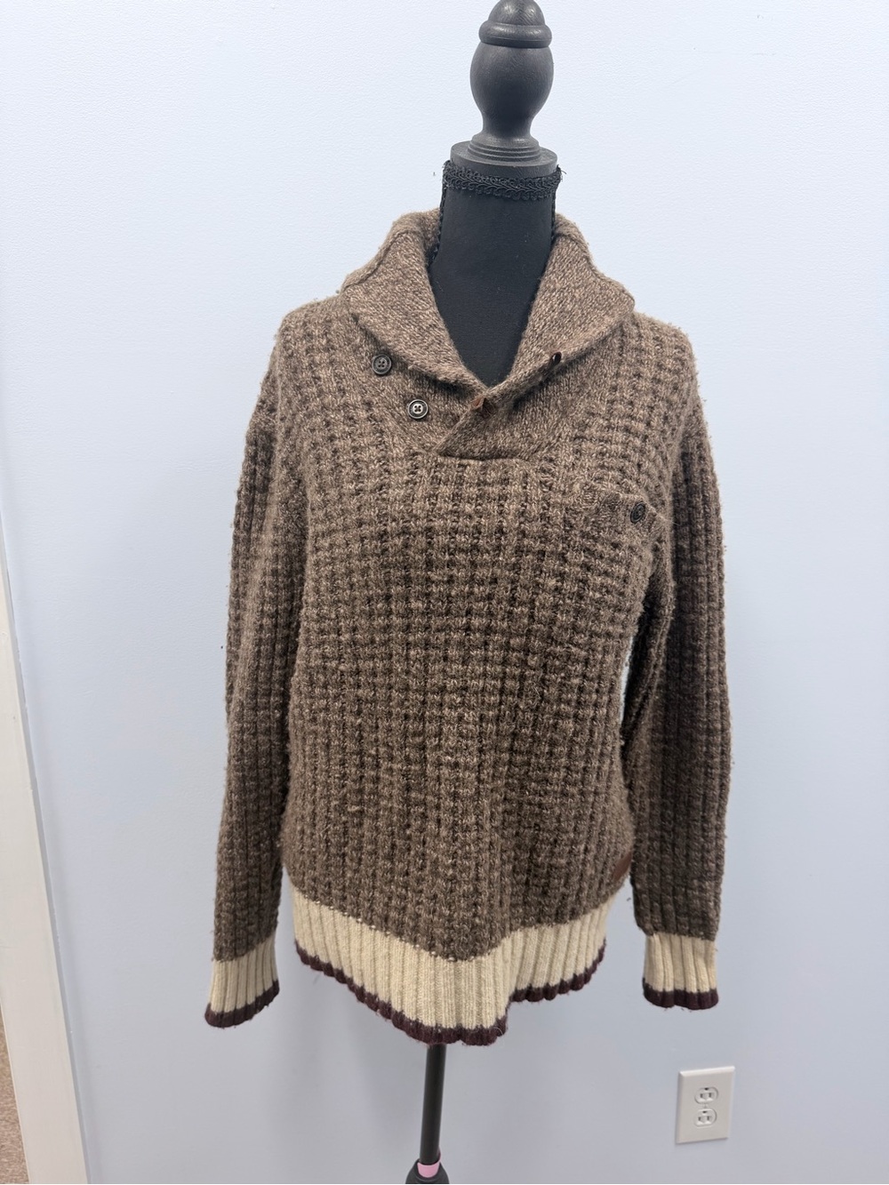 Roots Brown Shawl-Collar Button Turtleneck Sweater with Cream Trim
